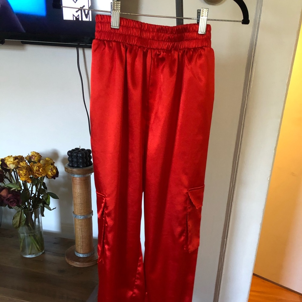 Red satin joggers